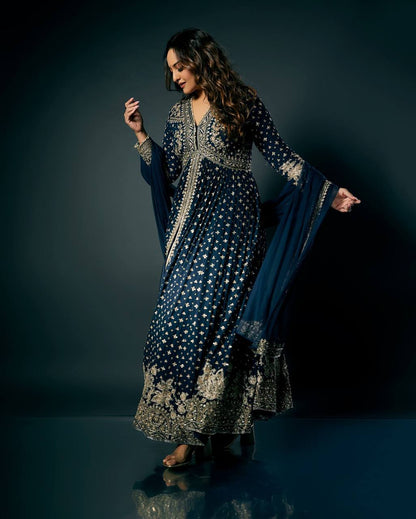 Elegant Navy Blue Embroidered Gown