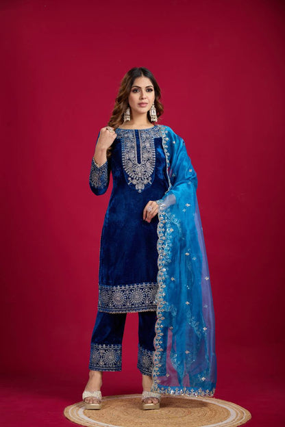 Royal Blue Velvet Kurta with Pant & Dupatta