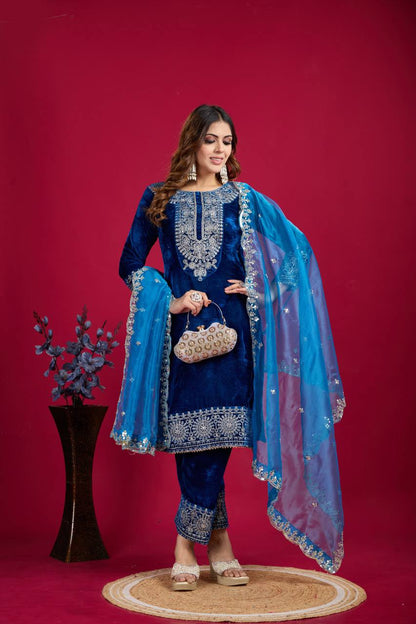 Royal Blue Velvet Kurta with Pant & Dupatta