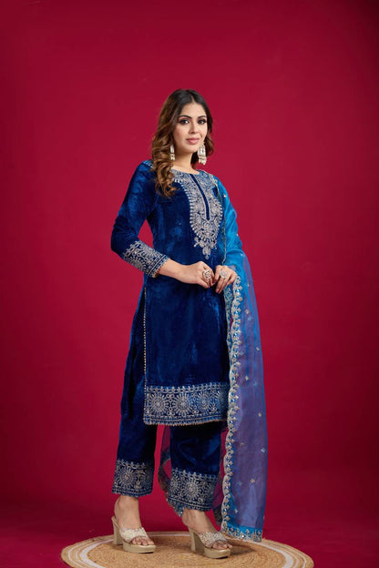 Royal Blue Velvet Kurta with Pant & Dupatta