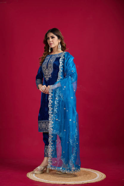 Royal Blue Velvet Kurta with Pant & Dupatta