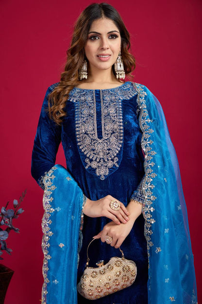 Royal Blue Velvet Kurta with Pant & Dupatta