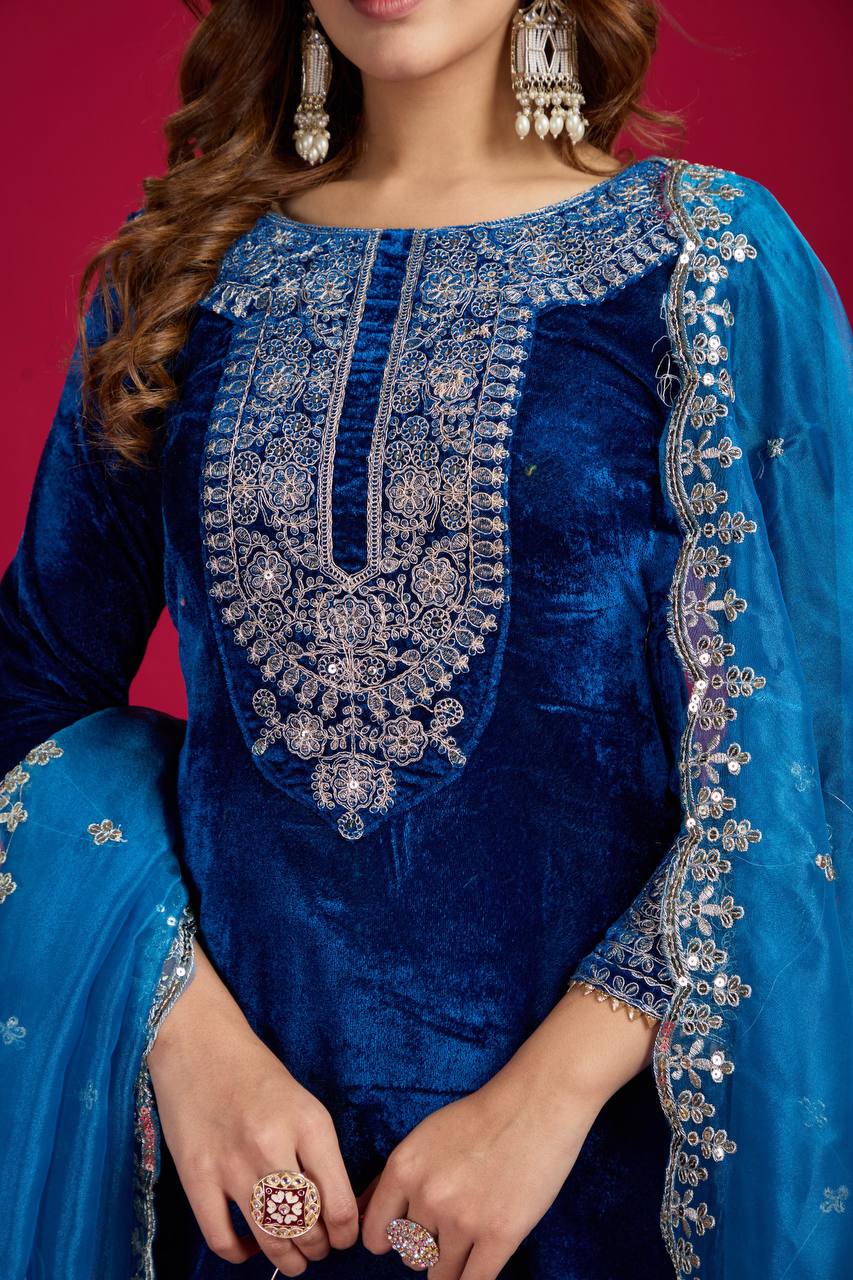 Royal Blue Velvet Kurta with Pant & Dupatta