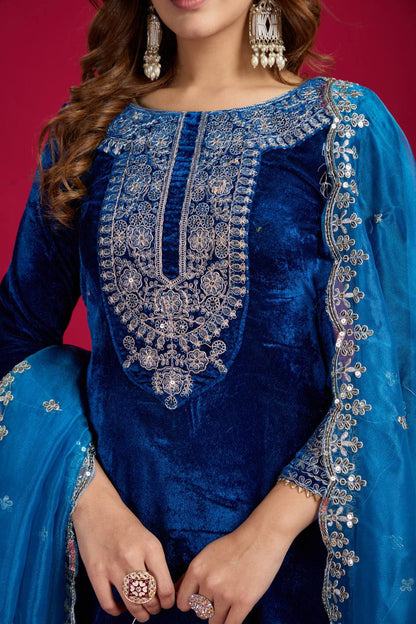 Royal Blue Velvet Kurta with Pant & Dupatta