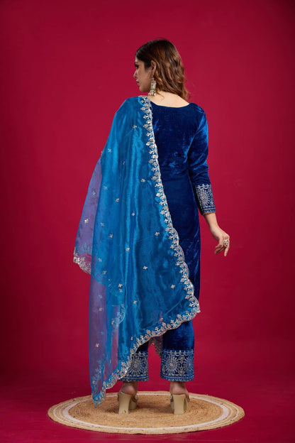 Royal Blue Velvet Kurta with Pant & Dupatta