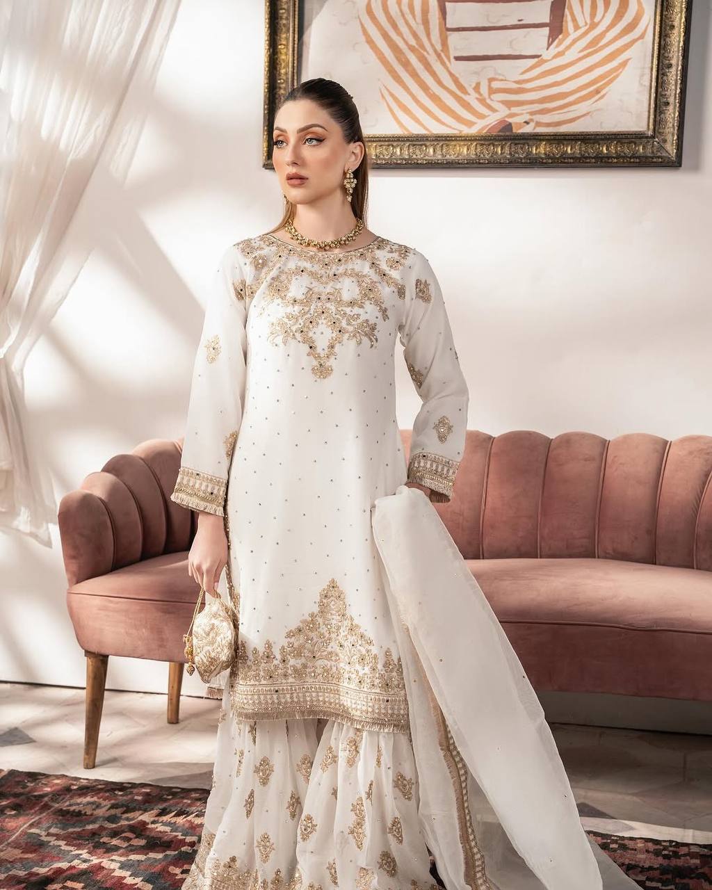 Elegant White Embroidered Sharara Set & Dupatta