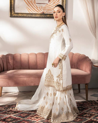 Elegant White Embroidered Sharara Set & Dupatta