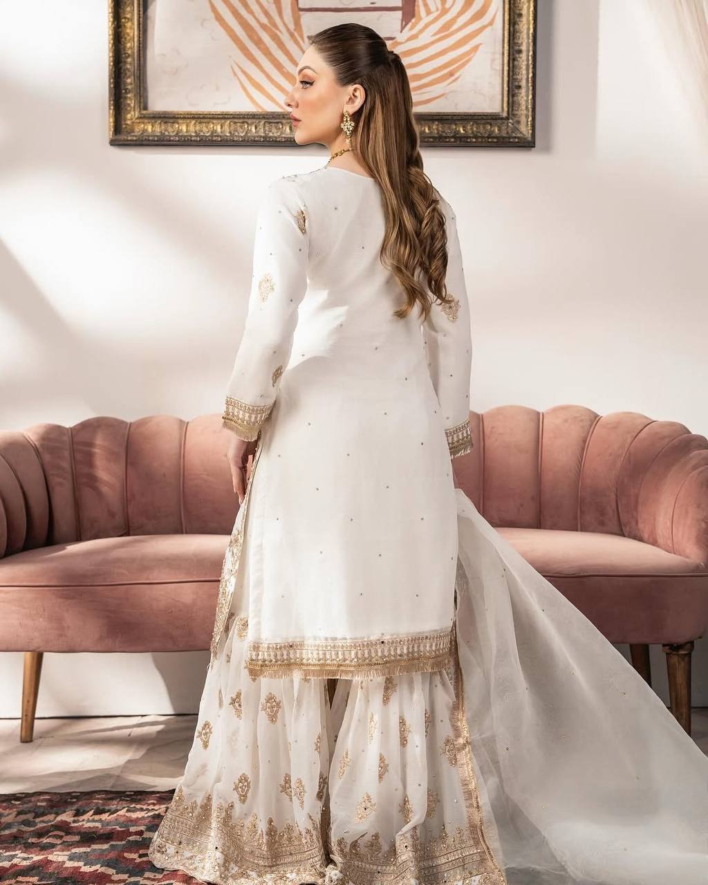 Elegant White Embroidered Sharara Set & Dupatta