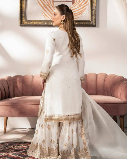 Elegant White Embroidered Sharara Set & Dupatta