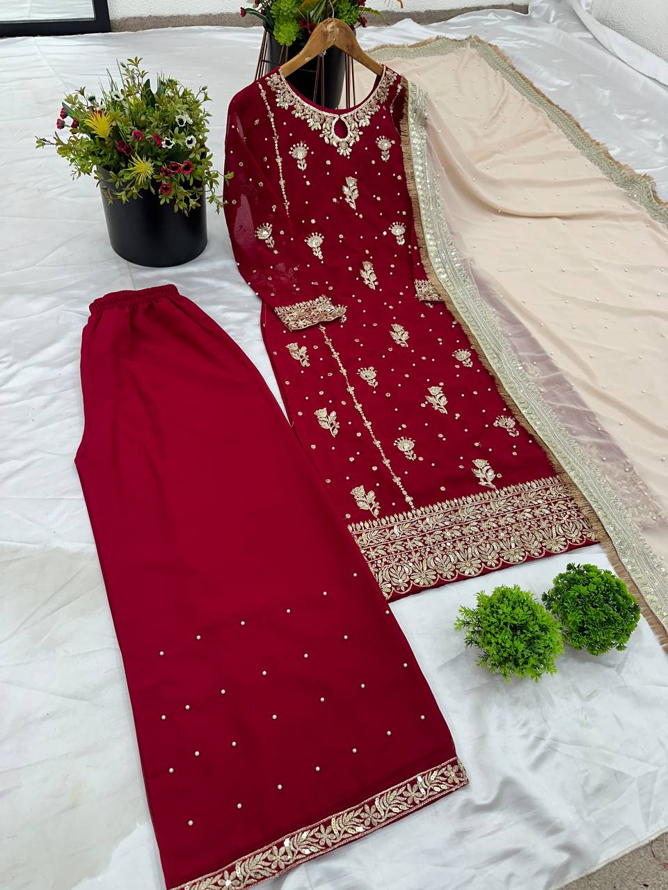 Maroon Faux Georgette Embroidery Kurta with Plazo & Dupatta