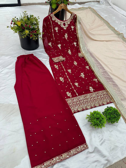 Maroon Faux Georgette Embroidery Kurta with Plazo & Dupatta