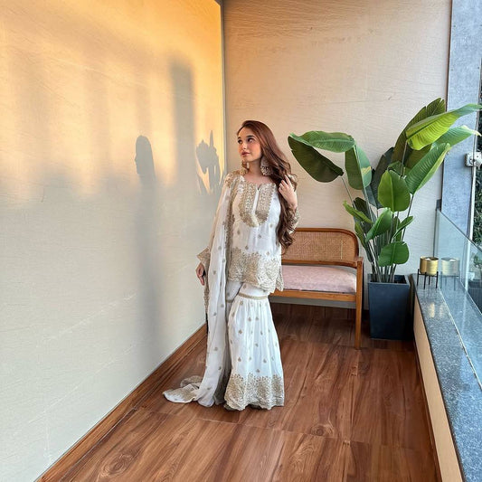 White Embroidered Sharara Set