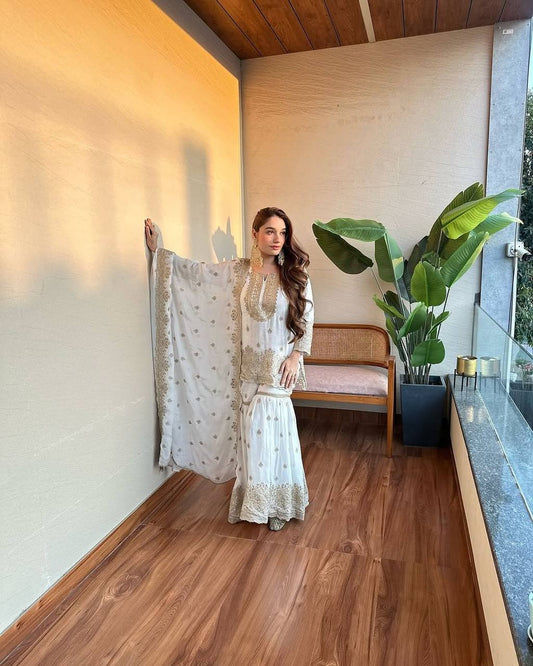 White Embroidered Sharara Set