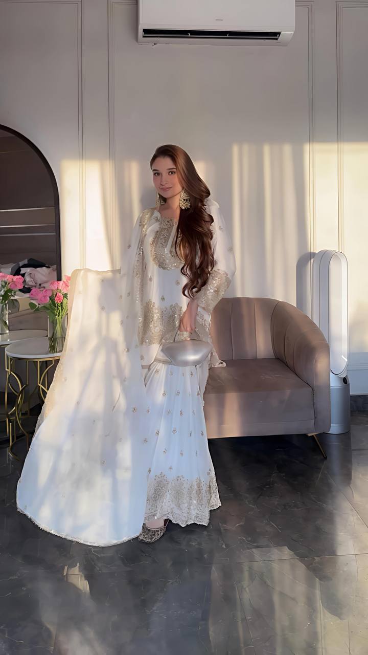 White Embroidered Sharara Set