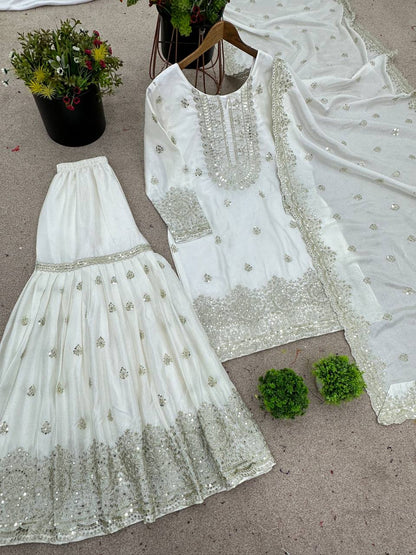 White Embroidered Sharara Set