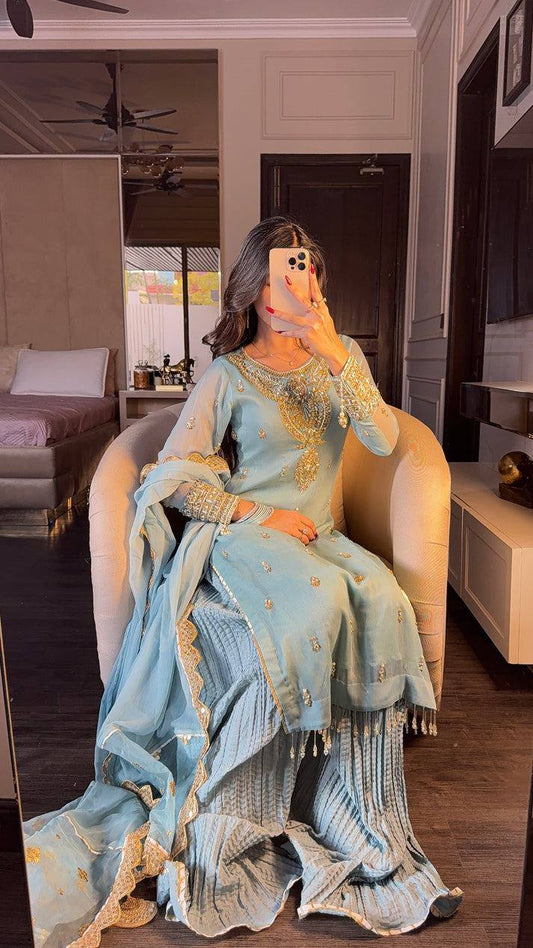 Elegant Sky Blue Embroidered Palazzo Suit