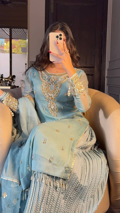 Elegant Sky Blue Embroidered Palazzo Suit