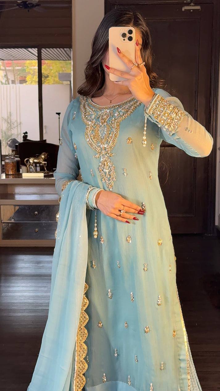 Elegant Sky Blue Embroidered Palazzo Suit