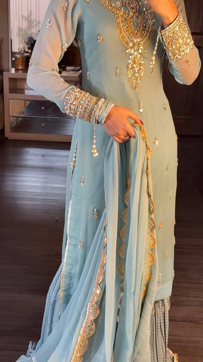 Elegant Sky Blue Embroidered Palazzo Suit