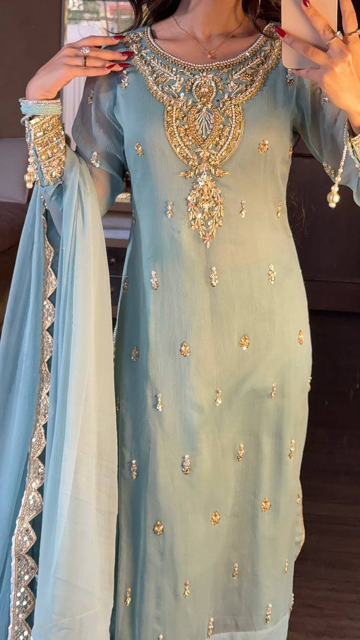 Elegant Sky Blue Embroidered Palazzo Suit