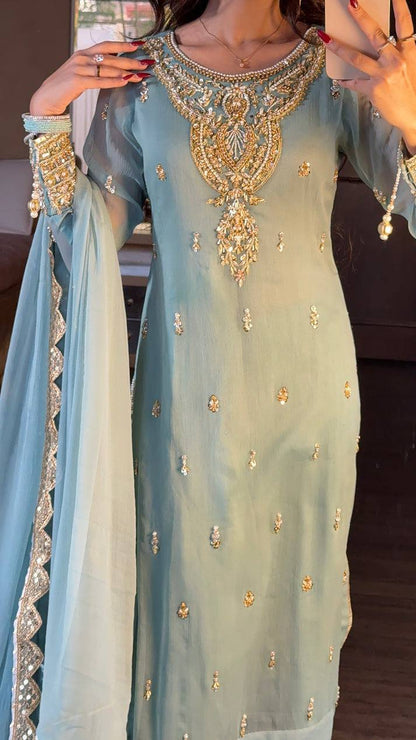 Elegant Sky Blue Embroidered Palazzo Suit