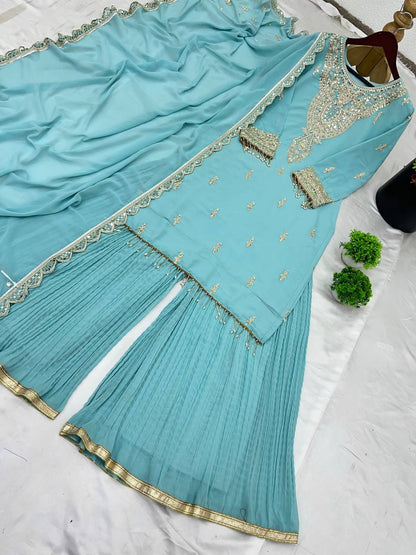 Elegant Sky Blue Embroidered Palazzo Suit
