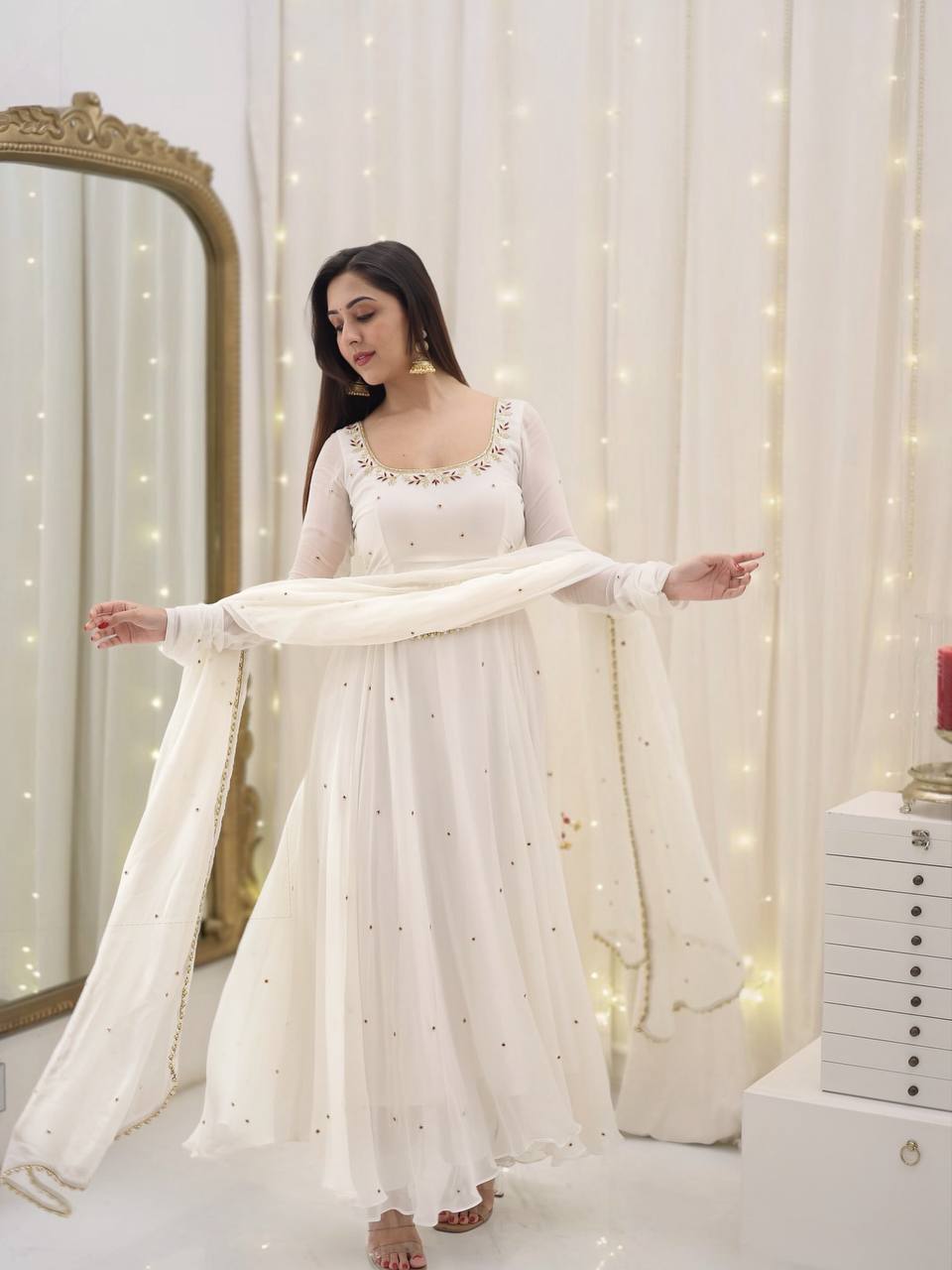 Elegant White Anarkali with Dupatta