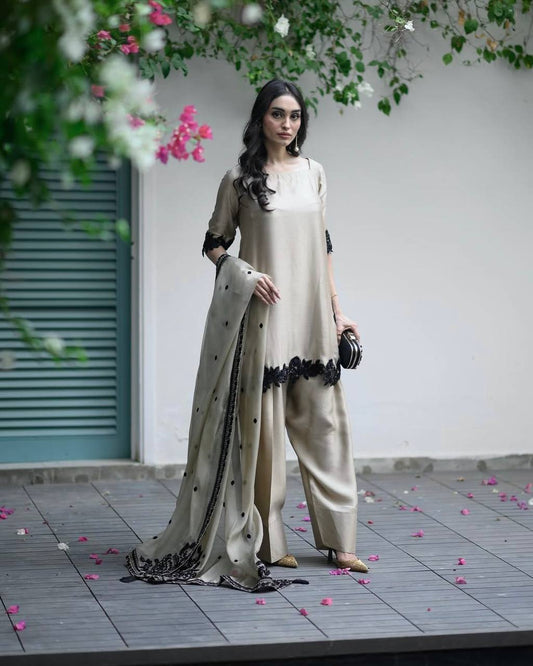Elegant Beige & Black Embroidered Suit Set