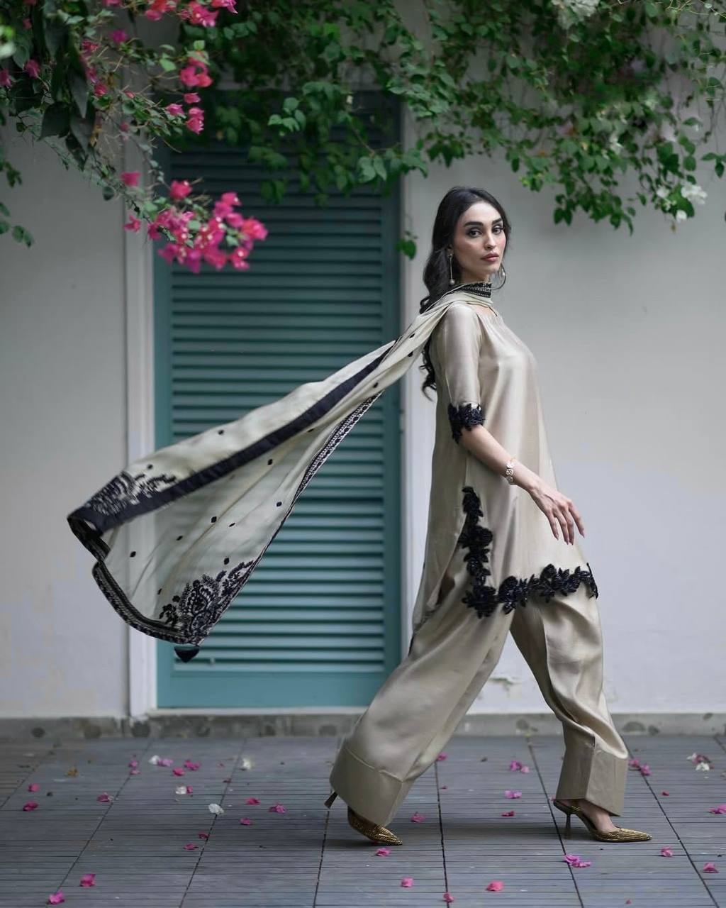 Elegant Beige & Black Embroidered Suit Set