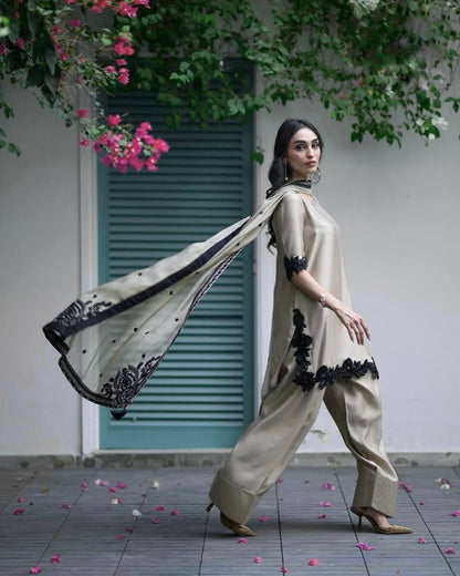 Elegant Beige & Black Embroidered Suit Set