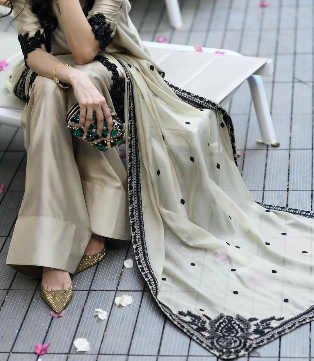 Elegant Beige & Black Embroidered Suit Set