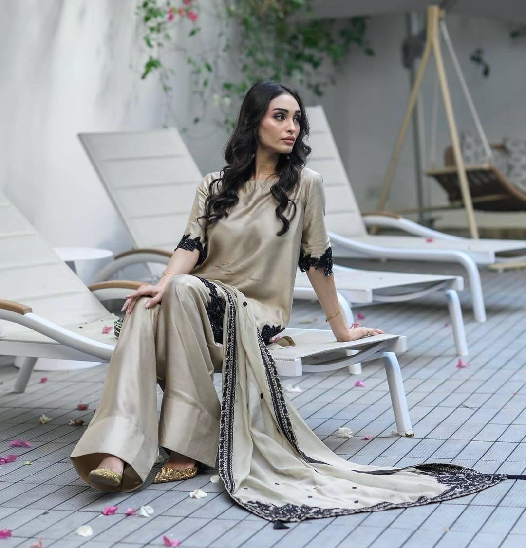 Elegant Beige & Black Embroidered Suit Set