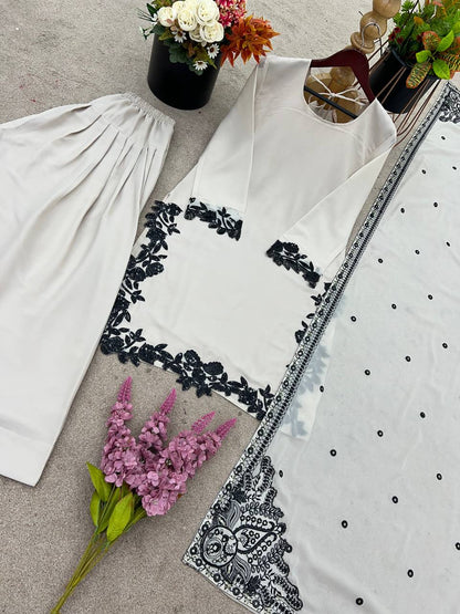 Elegant Beige & Black Embroidered Suit Set