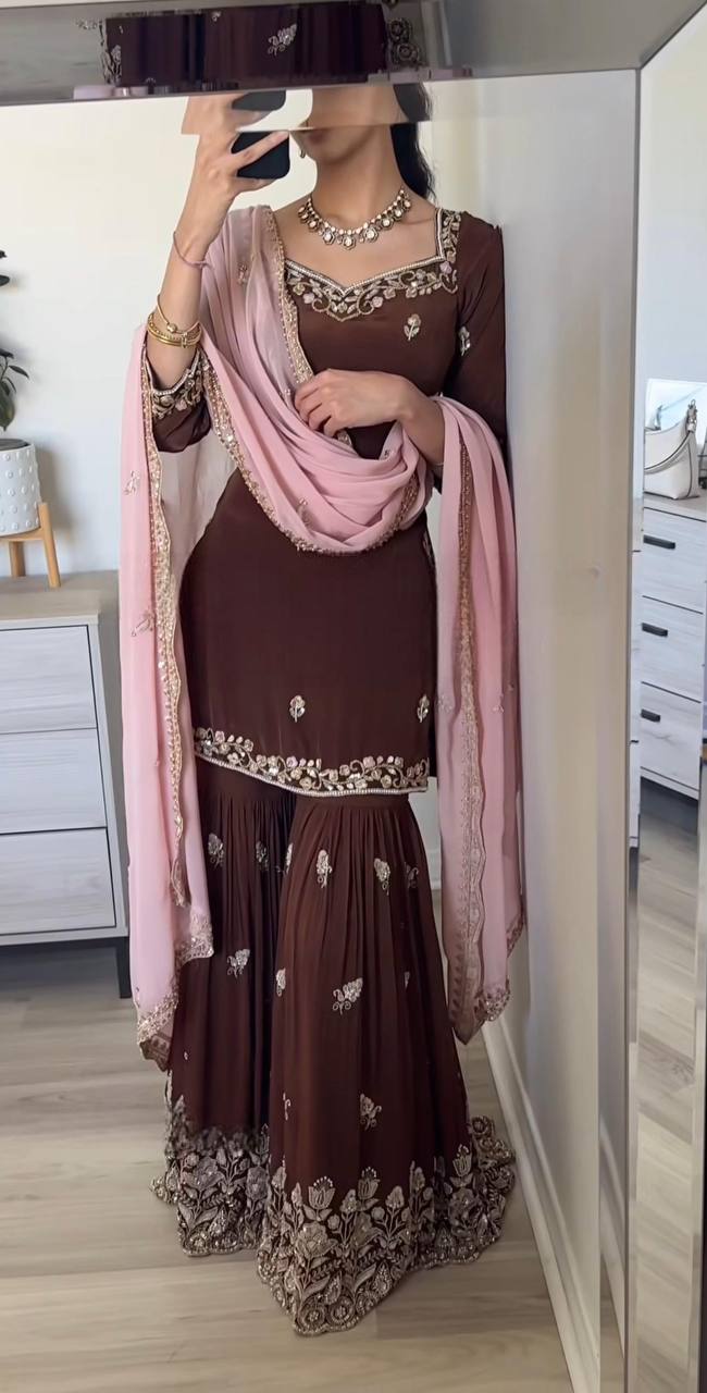 Brown Georgette Kurta with Sharara & Pink Dupatta