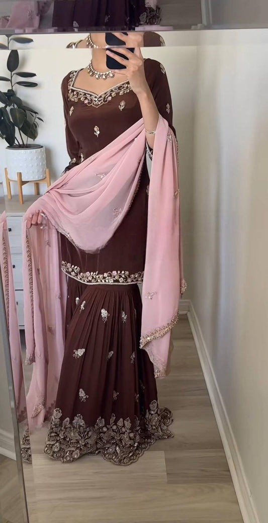 Brown Georgette Kurta with Sharara & Pink Dupatta