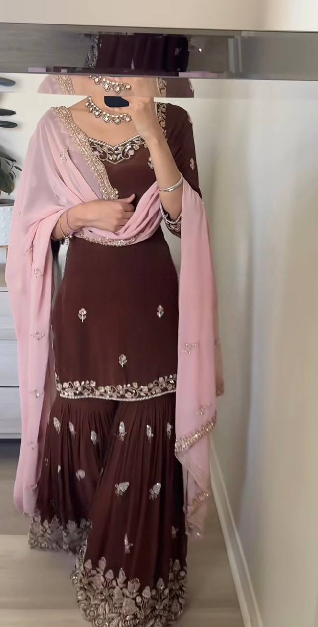 Brown Georgette Kurta with Sharara & Pink Dupatta