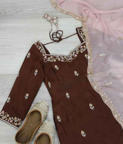 Brown Georgette Kurta with Sharara & Pink Dupatta
