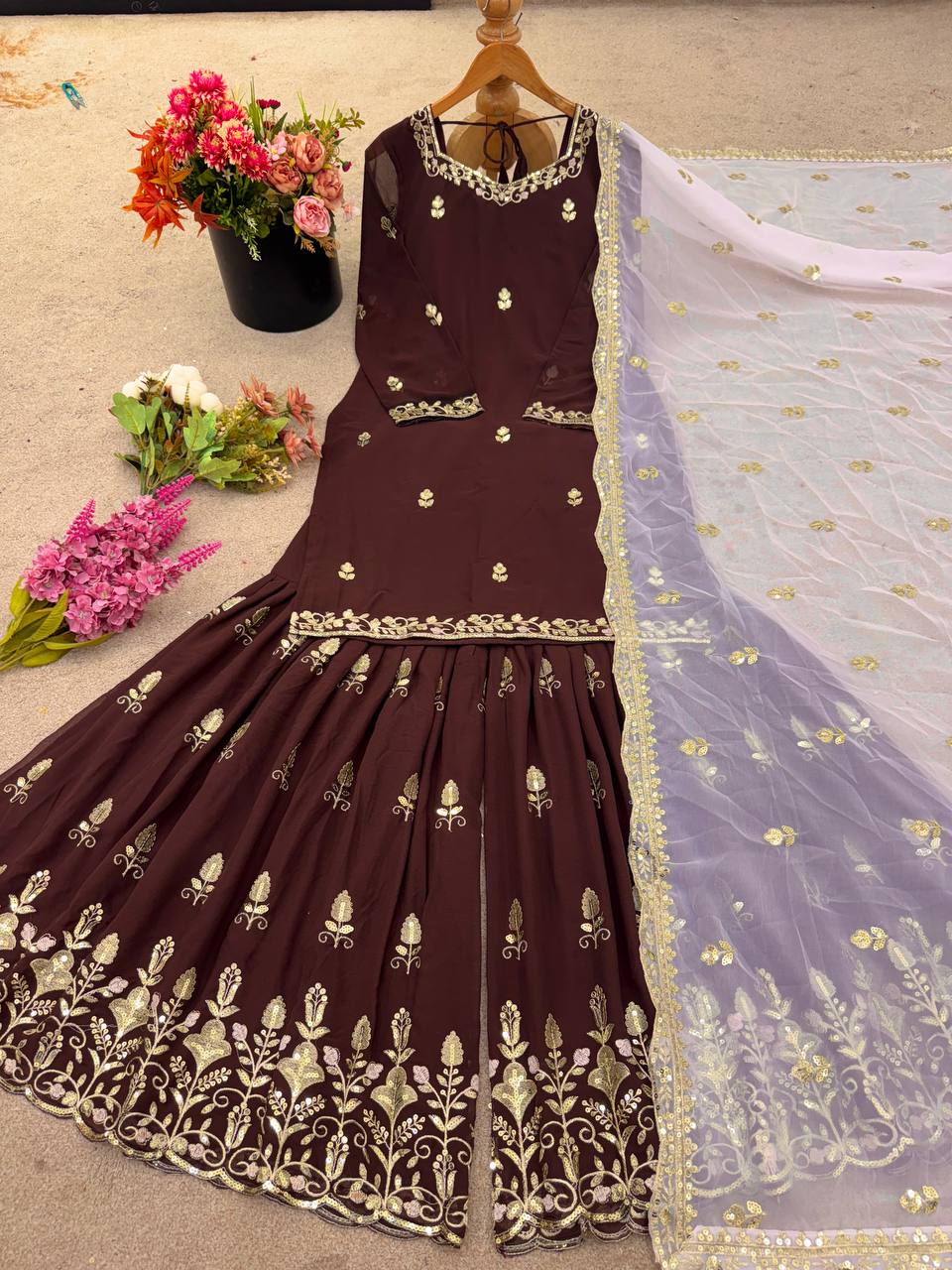 Brown Georgette Kurta with Sharara & Pink Dupatta