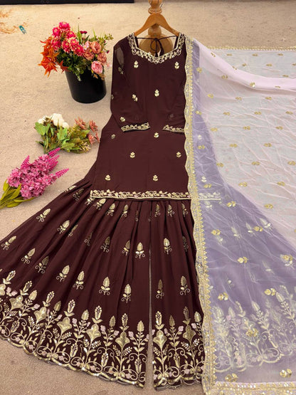 Brown Georgette Kurta with Sharara & Pink Dupatta