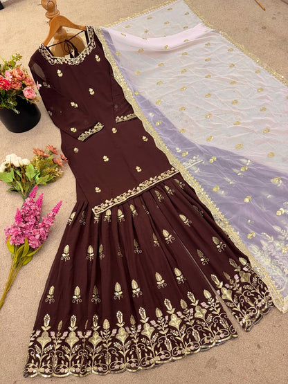 Brown Georgette Kurta with Sharara & Pink Dupatta