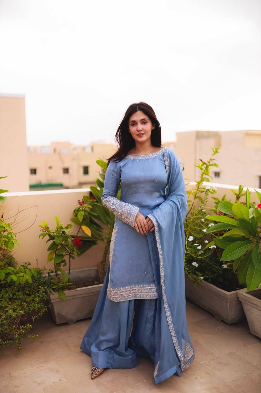 Sky Blue Faux Georgette Kurta with Plazzo & Dupatta