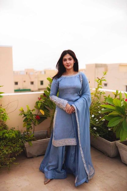 Sky Blue Faux Georgette Kurta with Plazzo & Dupatta
