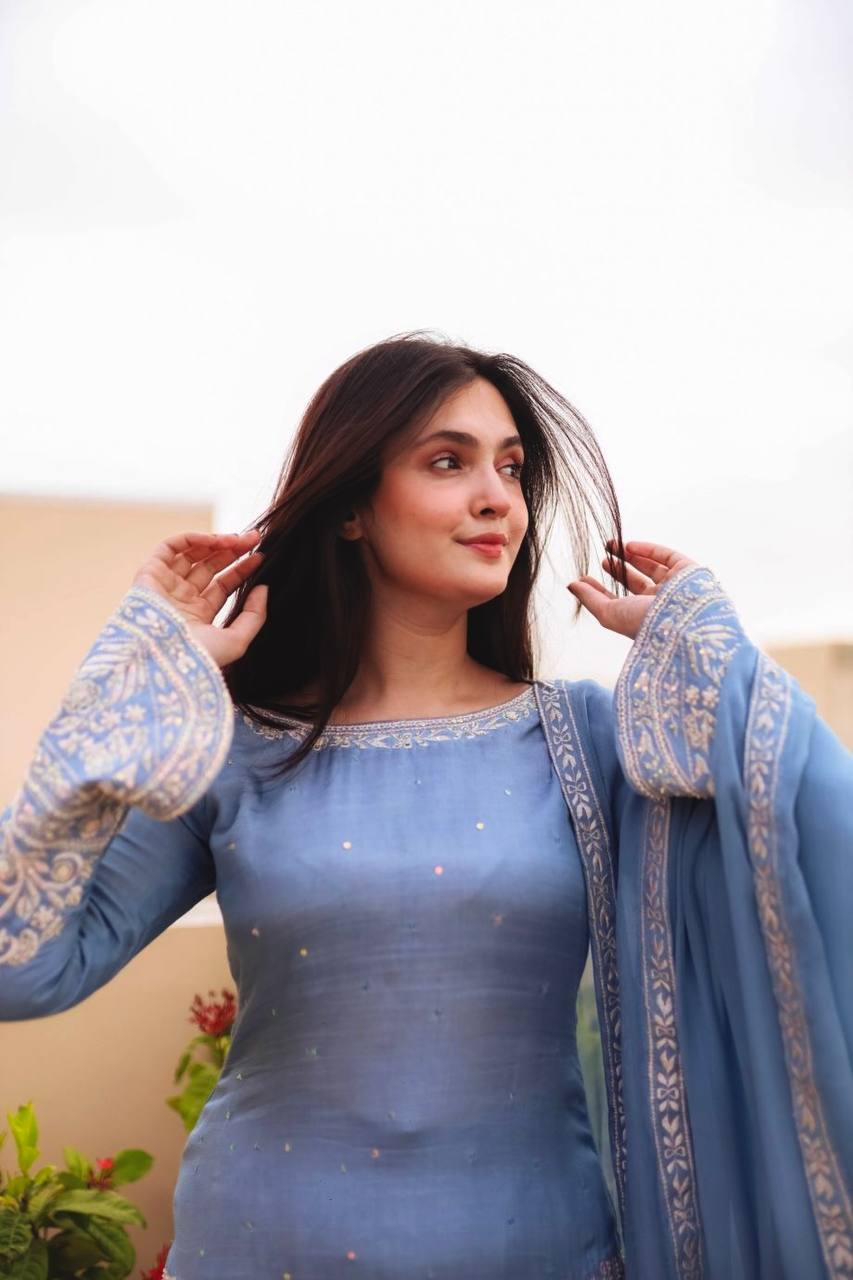 Sky Blue Faux Georgette Kurta with Plazzo & Dupatta