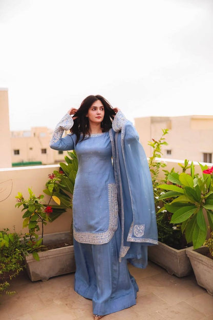 Sky Blue Faux Georgette Kurta with Plazzo & Dupatta