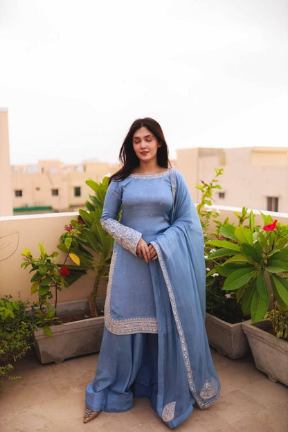 Sky Blue Faux Georgette Kurta with Plazzo & Dupatta