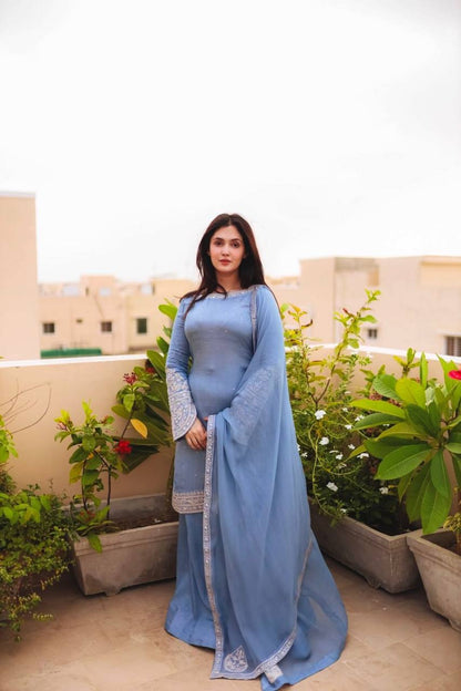 Sky Blue Faux Georgette Kurta with Plazzo & Dupatta