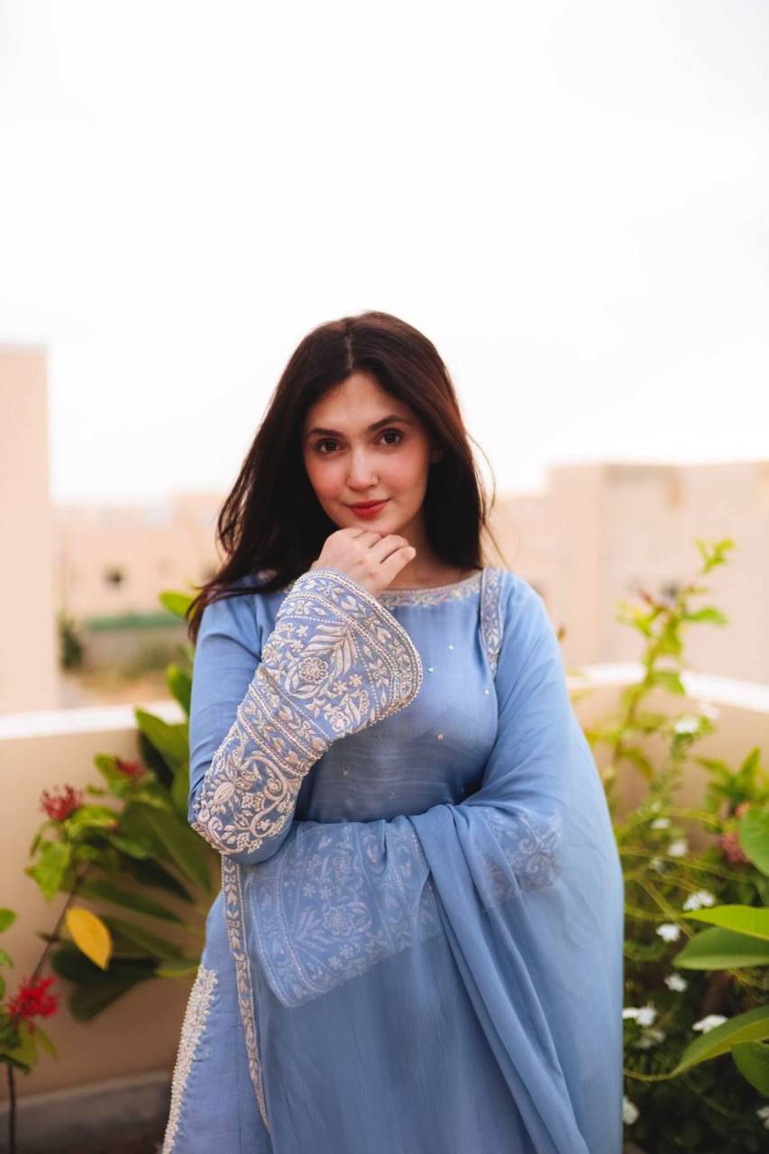 Sky Blue Faux Georgette Kurta with Plazzo & Dupatta