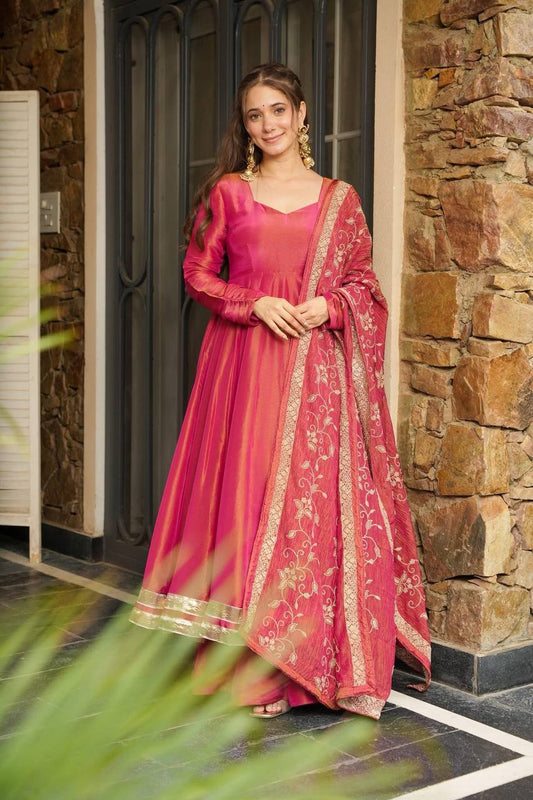 Rani Silk Anarkali Set with Palazzo & Embroidered Dupatta