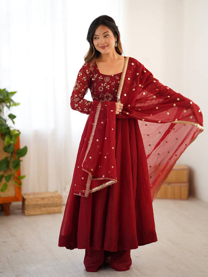 Maroon Anarkali Pant Set with Embroidered Dupatta