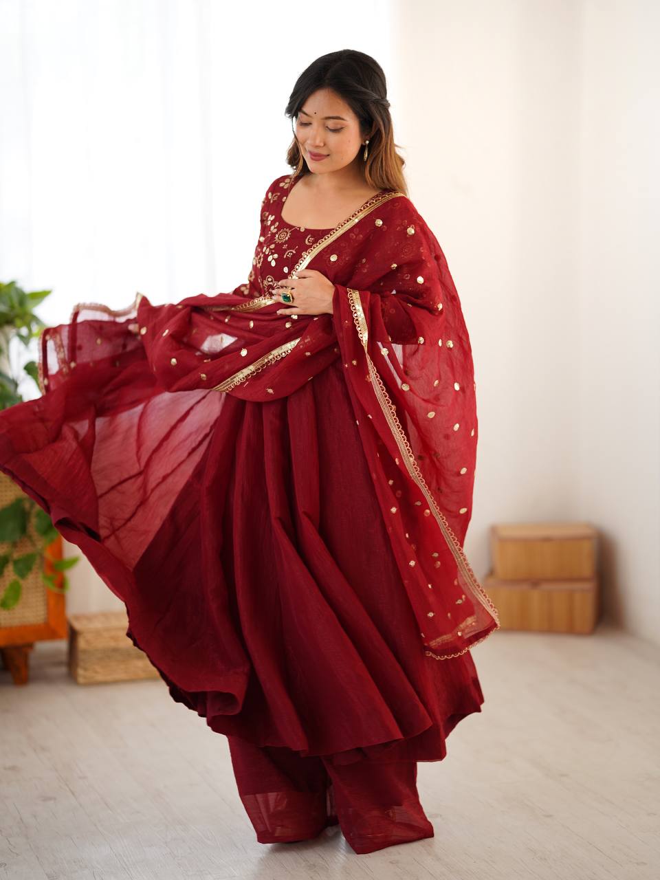 Maroon Anarkali Pant Set with Embroidered Dupatta